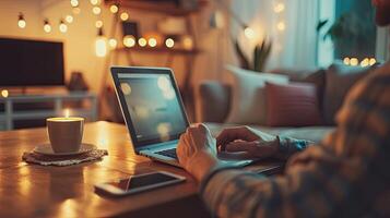 AI generated Digital lifestyle blog writer or business person work at home using smart device working on mobile smartphone and computer laptop via internet communication network technology photo
