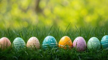 ai generado fila de Pascua de Resurrección huevos en Fresco verde césped foto