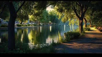 ai generado bonito ciudad parque por el lago foto