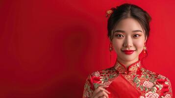 ai generado contento chino nuevo año. asiático mujer vistiendo tradicional cheongsam qipao vestir participación angpao o rojo paquete monetario regalo aislado en rojo antecedentes. foto