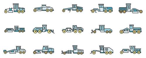 Construction grader machine icons set vector color line