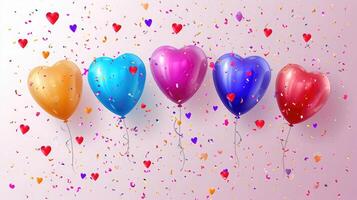 AI generated Birthday colorfull hearts balloons background design. Happy birthday colorfull hearts balloon and confetti decoration element for birth day celebration greeting card design photo