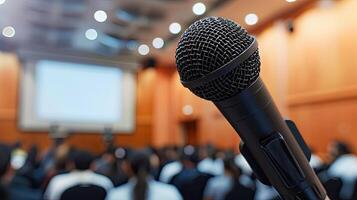 AI generated Microphone voice speaker with audiences or students in seminar classroom, lecture hall or conference meeting in educational business event for host, teacher photo