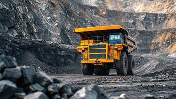 AI generated Open pit mine industry, big yellow mining truck for coal anthracite photo