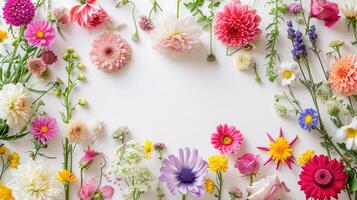 AI generated Floral border of pink and orange ranunculus, hyacinth and eucalyptus on a white background. Top view photo