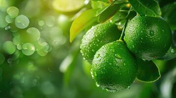 AI generated limes tree in the garden are excellent source of vitamin C. Green organic lime citrus fruit hanging on tree photo