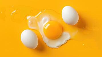 AI generated White eggs and egg yolk on the yellow background photo