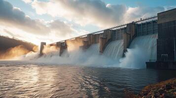 AI generated Time exposure of the spillway overflow on Dam photo