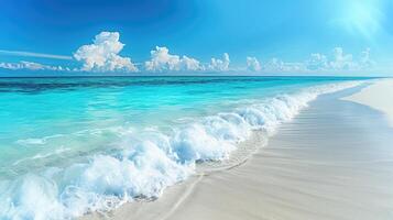 AI generated Panorama of a beautiful white sand beach and turquoise water in Maldives. Holiday summer beach background.. Wave of the sea on the sand beach. photo