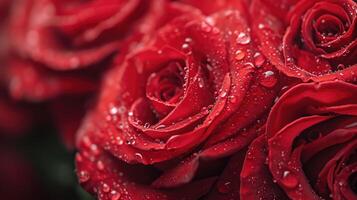 ai generado cerca arriba de rojo rosas y agua gotas. foto