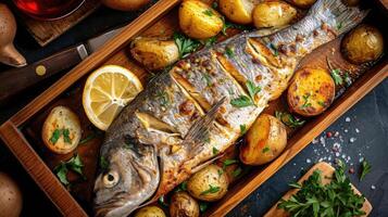 AI generated Roasted fish and potatoes, served on wooden tray. overhead, horizontal, copy space photo