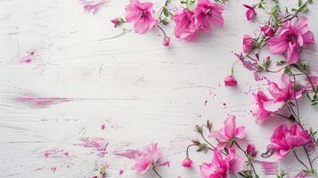 AI generated Flowers composition for Valentine's, Mother's or Women's Day. Pink flowers on old white wooden background. Still-life. photo