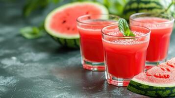 AI generated Freshly squeezed juice from a watermelon on a table in glasses. Preparation of a cocktail or a non-alcoholic drink. Healthy Eating and Fruitarianism photo