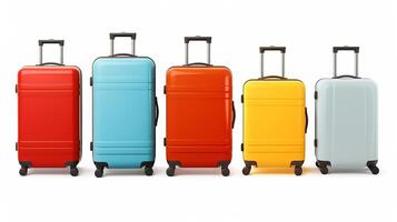 AI generated 3d rendering of four colorful suitcases in a row isolated on white background photo