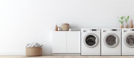 AI generated Laundry room with washing machine and basket, 3d rendering photo