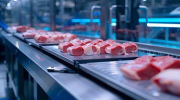 AI generated Meat Processing on Industrial Conveyor Belt photo