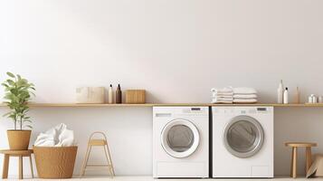 AI generated Interior of modern laundry room with washing machine and accessories. 3d rendering photo