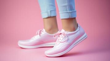 AI generated Female legs in pink sneakers on a pink background. Close-up. photo