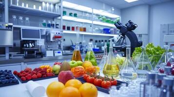 ai generado avanzado comida Ciencias laboratorio pruebas nutricional valores foto