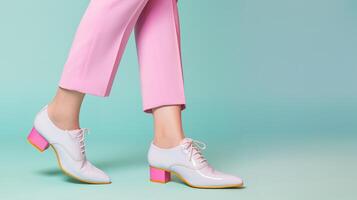 AI generated cropped view of woman in pink pants and white sneakers on mint background photo