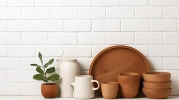 AI generated Wooden kitchen utensils on a white brick wall background. photo