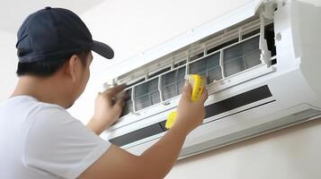 AI generated Air conditioner technician installing air conditioner filter. Air conditioner concept. photo