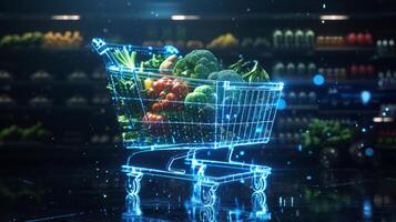 AI generated Holographic Shopping Cart with Fresh Grocery in Supermarket photo