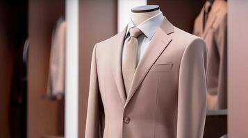 AI generated Men's beige suit on a mannequin in a store photo