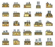 Energy recycle factory icons set vector color line