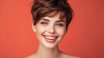 AI generated Smiling Beautiful Woman With Brown Short Hair. Haircut. Hairstyle. Fringe. Professional Makeup photo