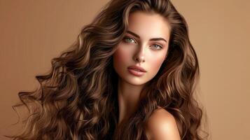 AI generated Brunette girl with long and shiny curly hair . Beautiful model woman with wavy hairstyle photo
