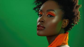 AI generated Black woman, retro beauty and makeup on green background, product placement mockup for advertising and marketing. Portrait photo
