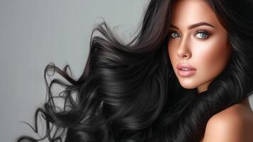 AI generated Beauty brunette girl with long and shiny wavy black hair . Beautiful woman model with curly hairstyle photo