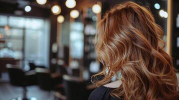 ai generado hermosa peinado de joven mujer después muriendo pelo y haciendo Destacar en pelo salón. foto