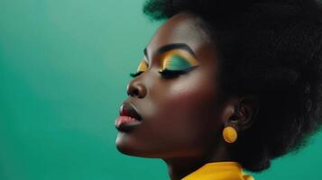 AI generated Black woman, retro beauty and makeup on green background, product placement mockup for advertising and marketing. Portrait of African model in 90s fashion hairstyle for youth, photo