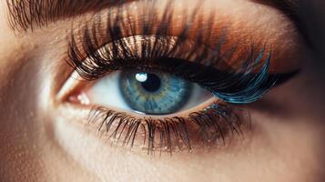AI generated Female Eye with Extreme Long False Eyelashes Eyelash Extensions Makeup Cosmetics Beauty Close up Macro photo