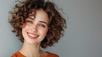 ai generado mujer con Rizado hermosa pelo en gris antecedentes. niña con belleza un agradable sonrisa. corto ondulado peinado foto