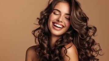 AI generated Beautiful laughing brunette model girl with long curly hair . Smiling woman hairstyle wavy curls . Fashion , beauty and makeup portrait photo