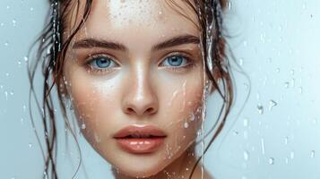 AI generated Beautiful young Woman with wet hair effect and clean fresh skin .Girl beauty face care. Facial treatment . photo