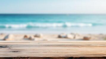 Wooden table top on blur beach background - can be used for display or montage your products photo
