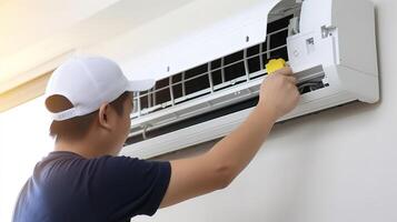 AI generated Male technician check condition of air conditioner with yellow credit card. photo
