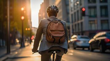 joven hombre con mochila montando un bicicleta en el ciudad a puesta de sol foto