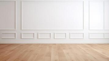 ai generado blanco pared y de madera piso en vacío habitación foto