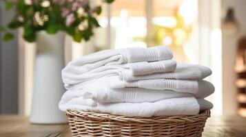 AI generated Basket with clean towels on wooden table in bathroom, closeup photo