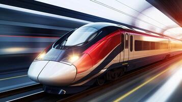 AI generated High speed train in motion with motion blur background. Railway concept. photo