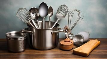 AI generated Kitchen utensils on wooden table with blue wall background. photo