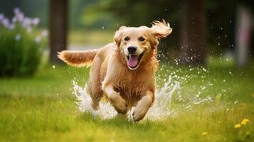 Golden Retriever running in the park on a sunny summer day photo