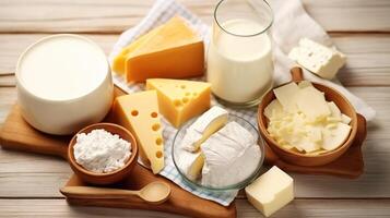AI generated Different dairy products on white wooden table, closeup. Dairy products photo