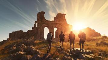 AI generated Silhouette of a group of tourists in the ruins of an ancient fortress at sunset photo