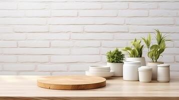 AI generated Wooden table in front of white brick wall. Mock up photo